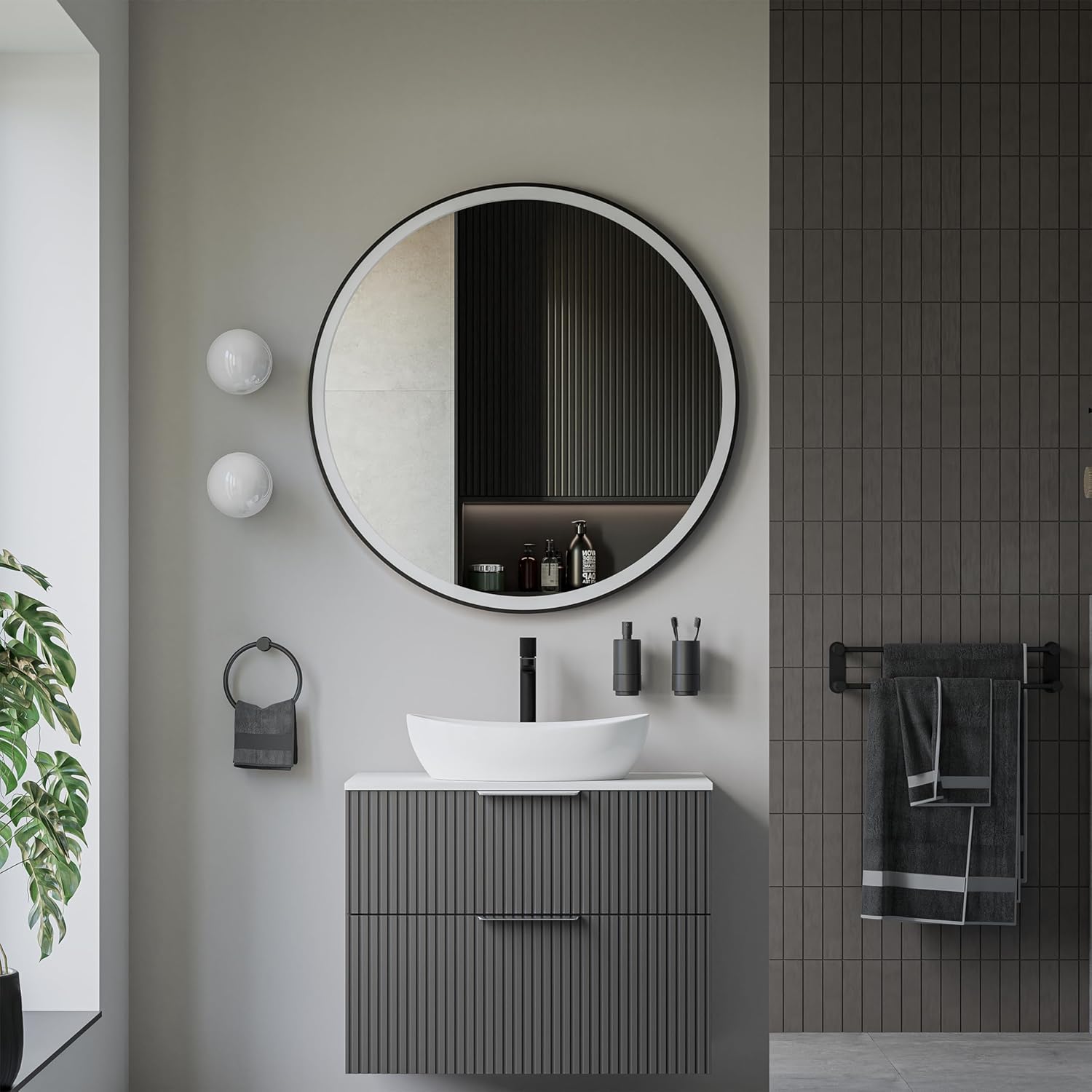 BERNSTEIN® LED Badezimmerspiegel 8232 2.0 rund mit Leichtmetallrahmen in Schwarz Wandmontage, Warm-/Kaltlichteinstellung Wandspiegel mit Sandbestrahltem Rand, Spiegel mit Aluminiumrahmen Ø 100cm