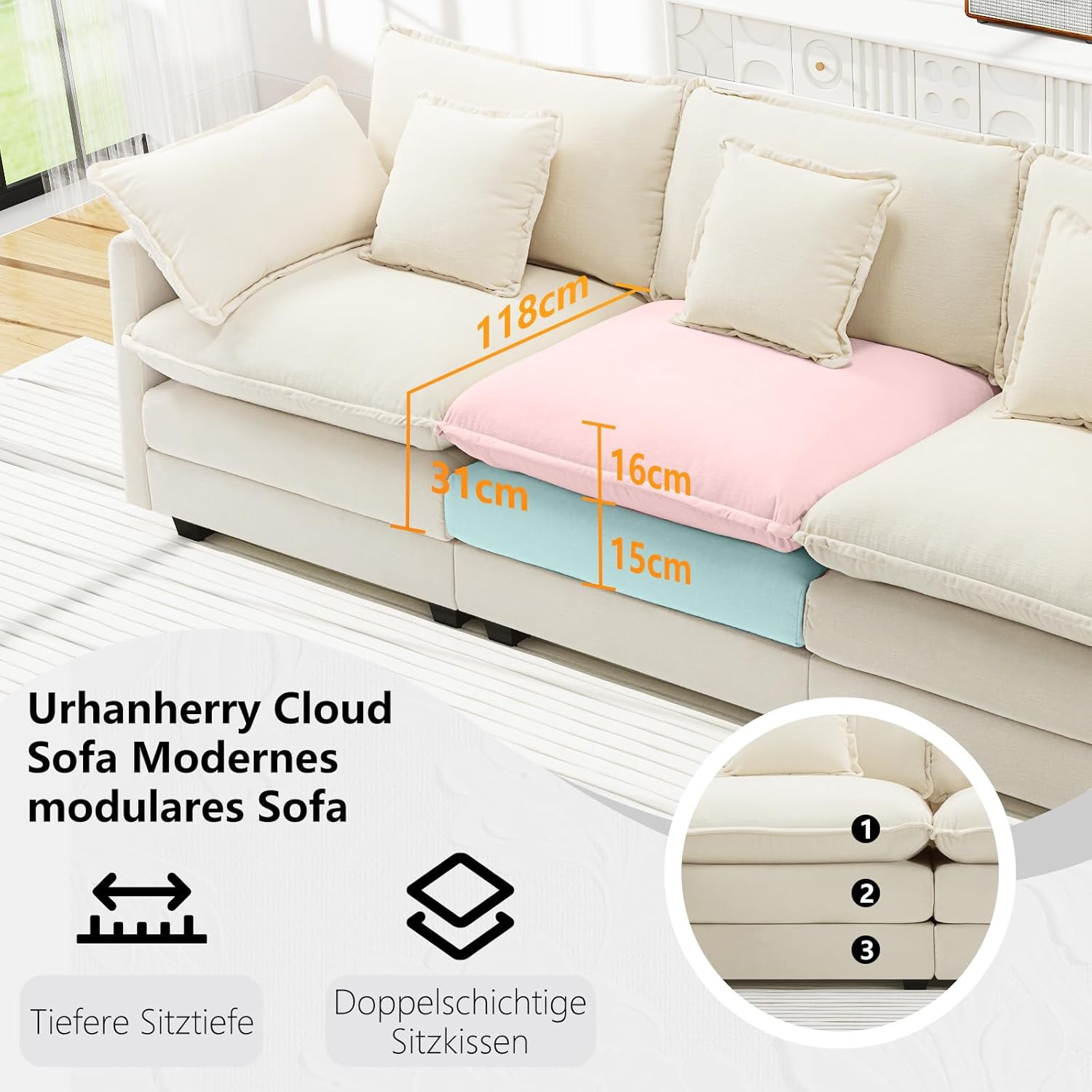 3-Sitzer Cloud Sofa, Bequeme Doppelsitzkissen, Modernes Sofa mit Armlehnen/Dekokissen, Atmungsaktivem Chenille-Stoff, Couch für Wohnzimmer, Beige