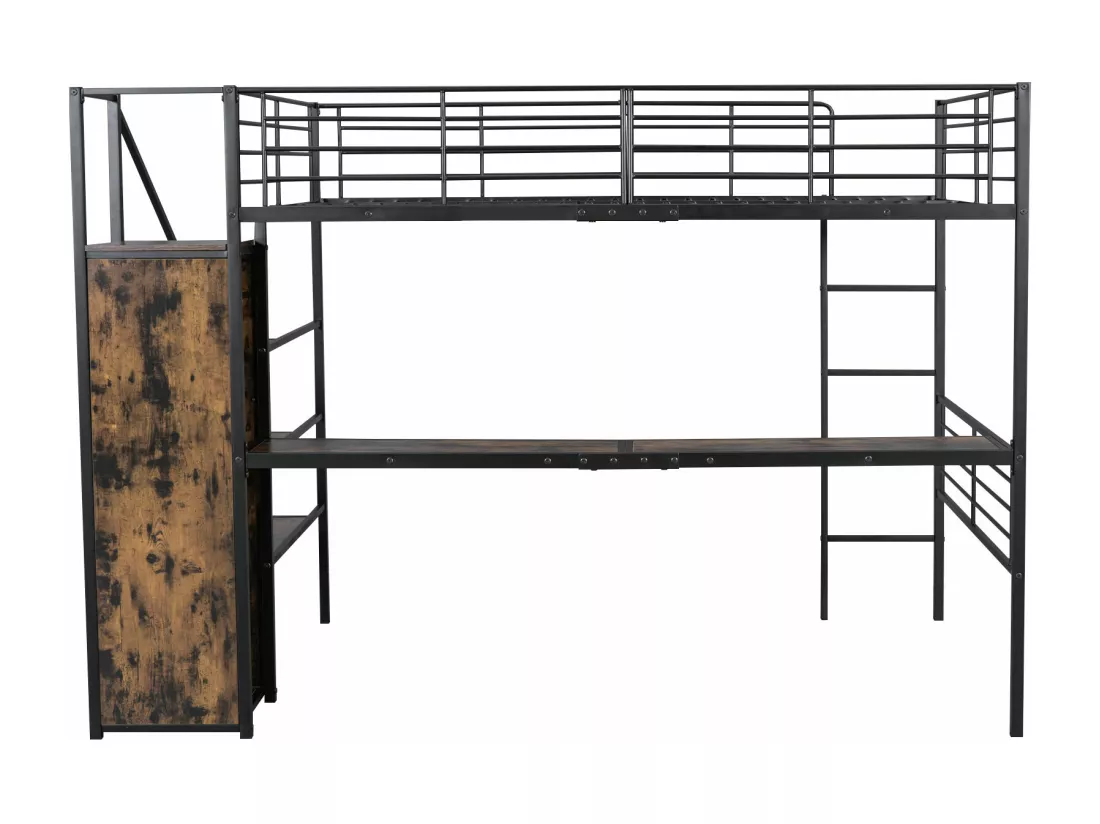 Lit mezzanine 140 x 200 cm avec bureau, armoire et marches de rangement - Métal + MDF - Noir (sans matelas)
