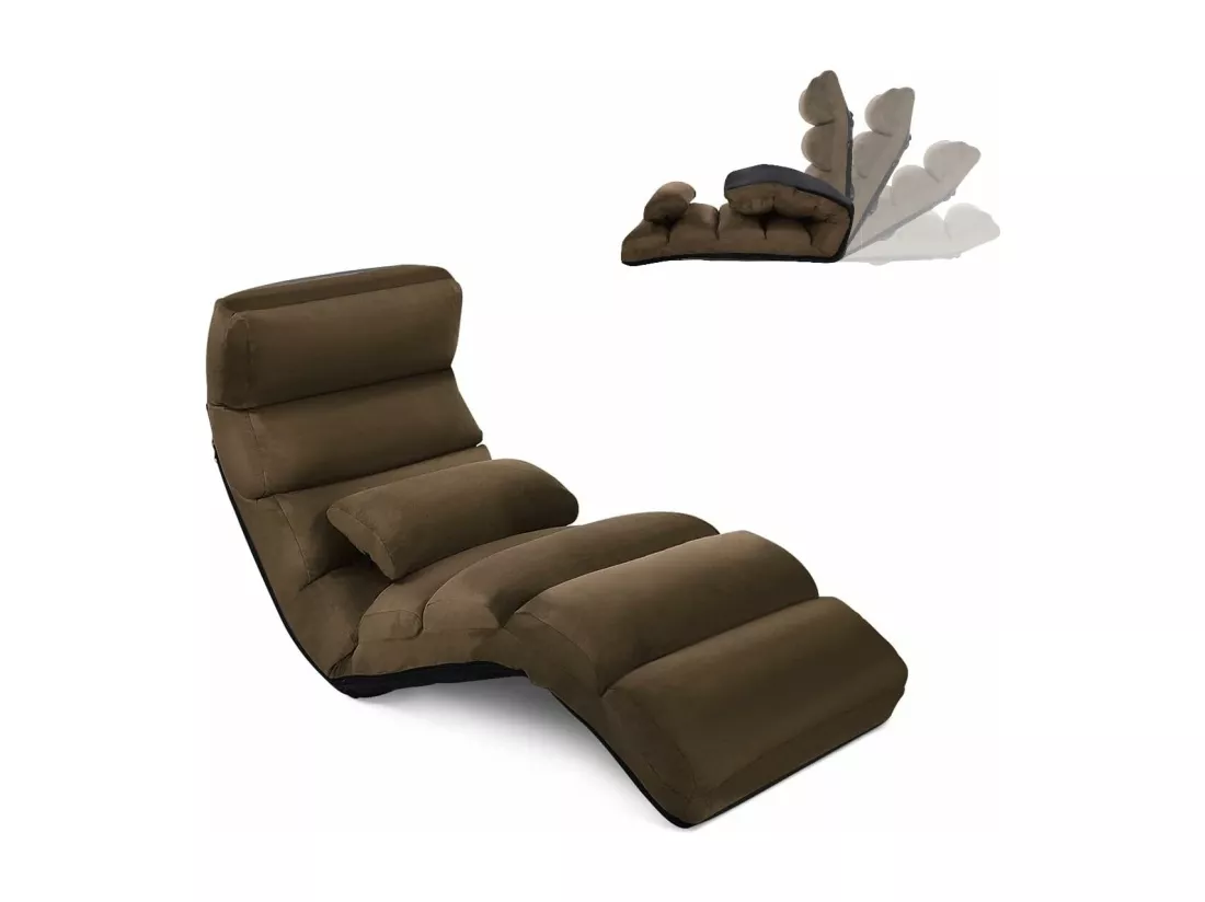 Fauteuil Relax Salon en Faux Daim Pliable, Réglable sur 5 Positions Chaise de Relaxation Rembourrée Fauteuil Sol pour Salon, Mobilier de Bureau, Chambre, Marron
