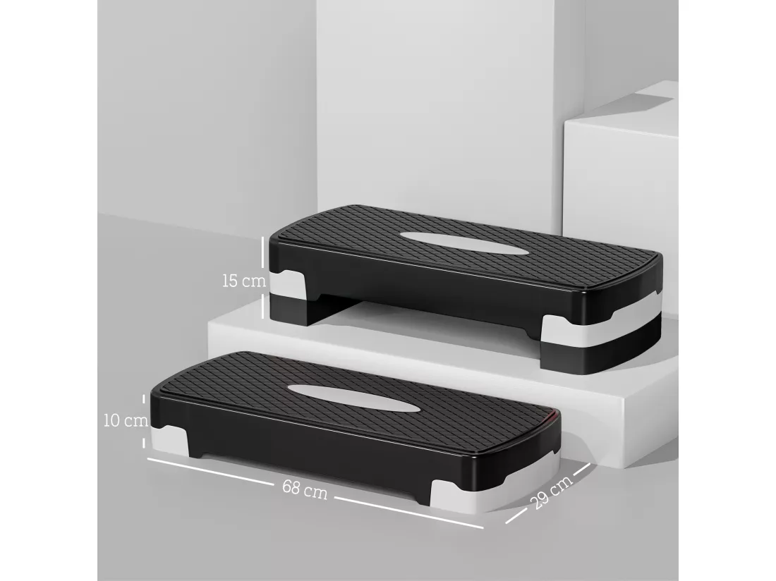 Stepper Fitness Aerobic hauteur reglable surface antiderapante dim. 68L x 29l x 10-15H cm plastique gris noir