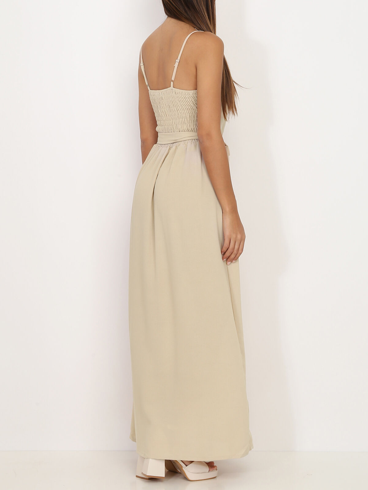 Robe longue à boutons et ceinture- Beige
