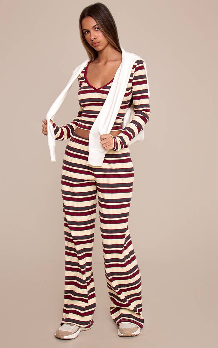 Multicolore Pantalon Droit Côtelé À Rayures Petite Taille Ensemble Coordonné