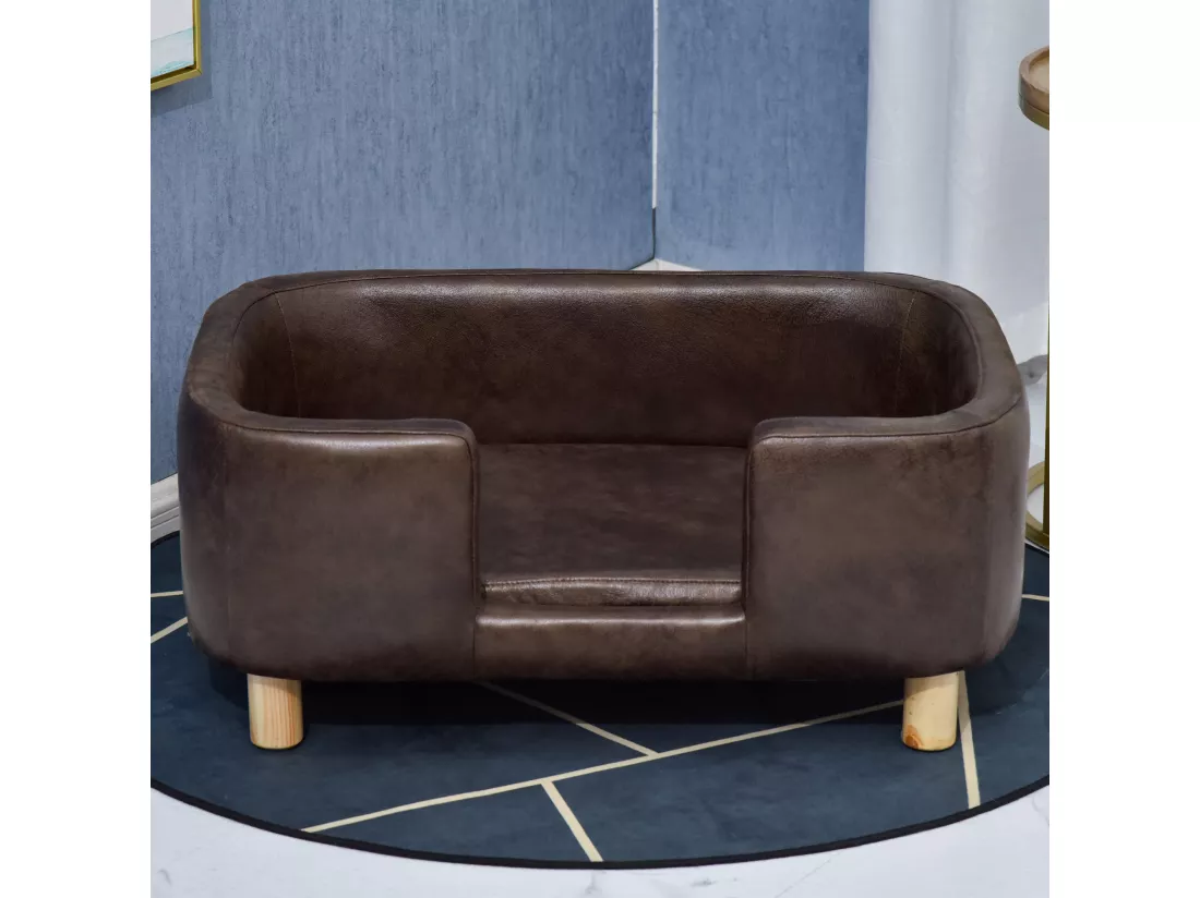 Canapé chien lit pour chien chat avec rebord coussin moelleux pieds bois massif dim. 74 x 48,5 x 31 cm revêtement micro-fibre chocolat
