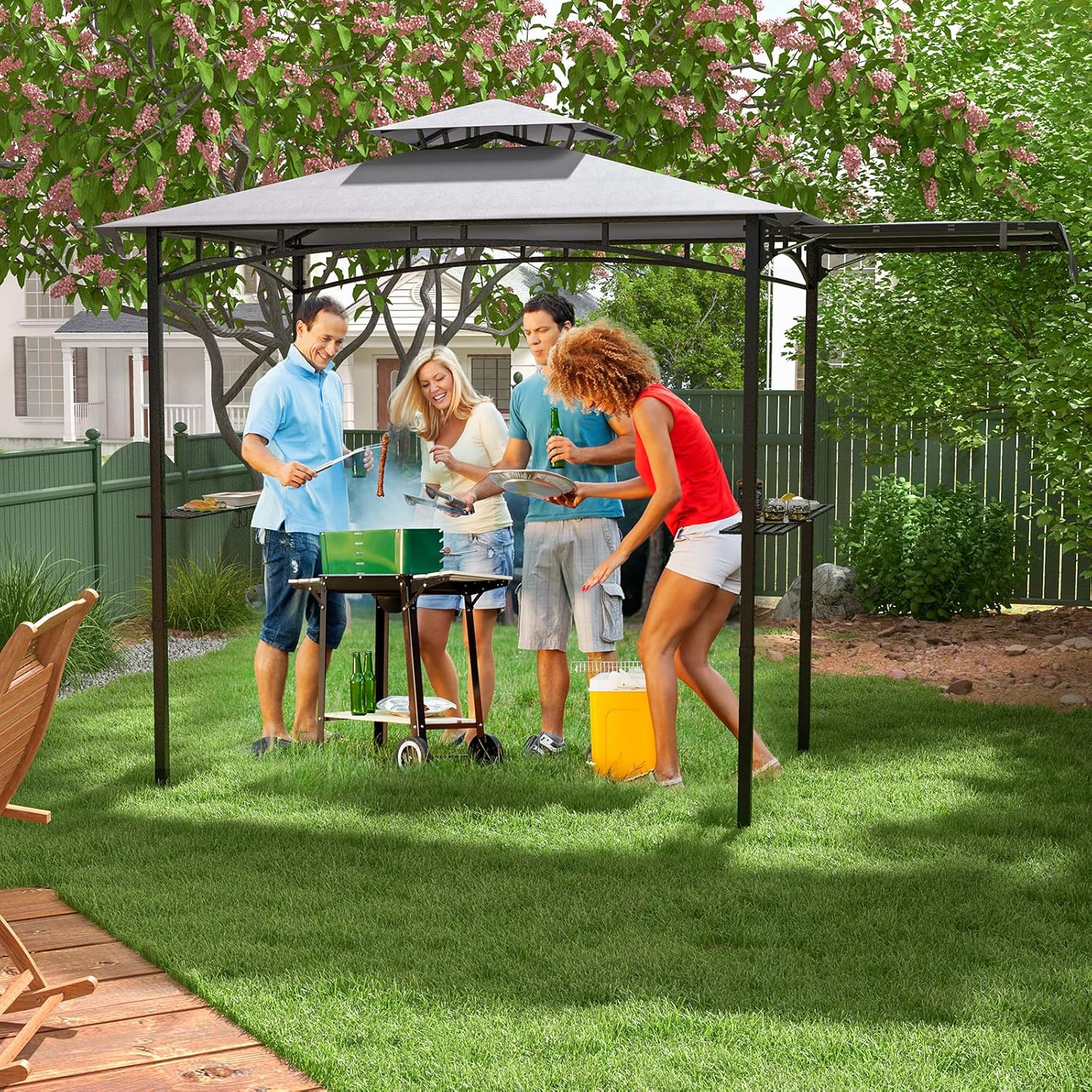 COSTWAY Grillpavillon mit Seitenmarkise, Doppeldach, 2 Seitenregalen & Haken, Gartenpavillon BBQ Pavillon, Grillüberdachungen wetterfest, Grillunterstand Garten Partys, 318x153x250 cm (Grau)