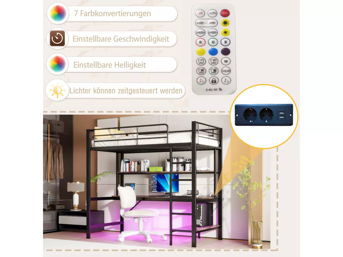 Lit mezzanine garde-corps et escabeau - 90 x 200 cm - avec USB et secteur - LED et bureau - sans matelas - métal - noir