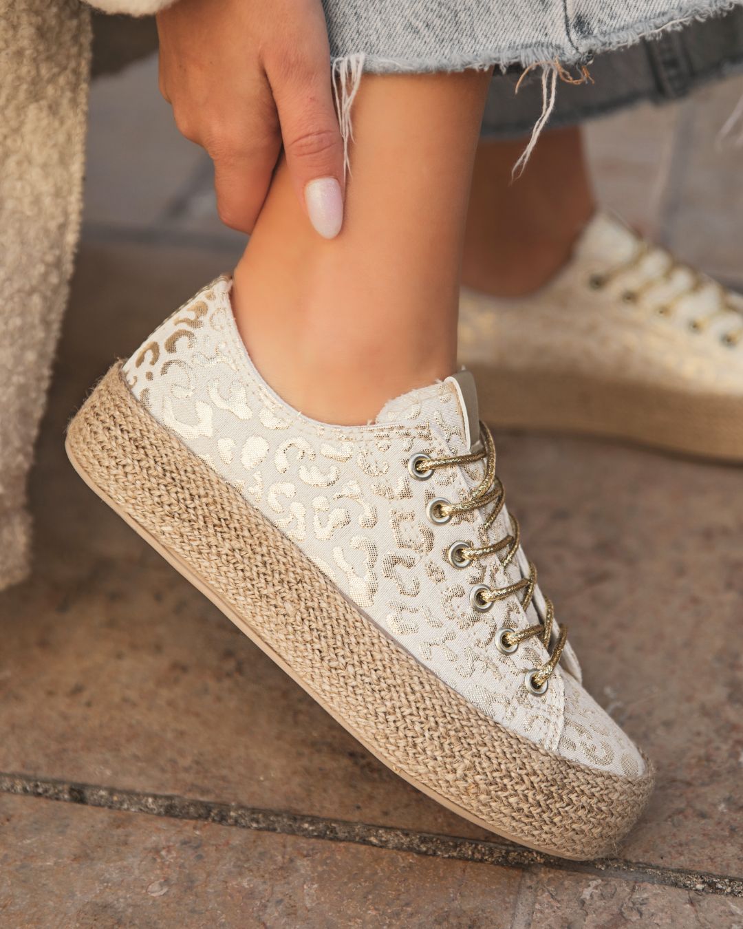 Basket femme dorée léopard en toile espadrille - Alma