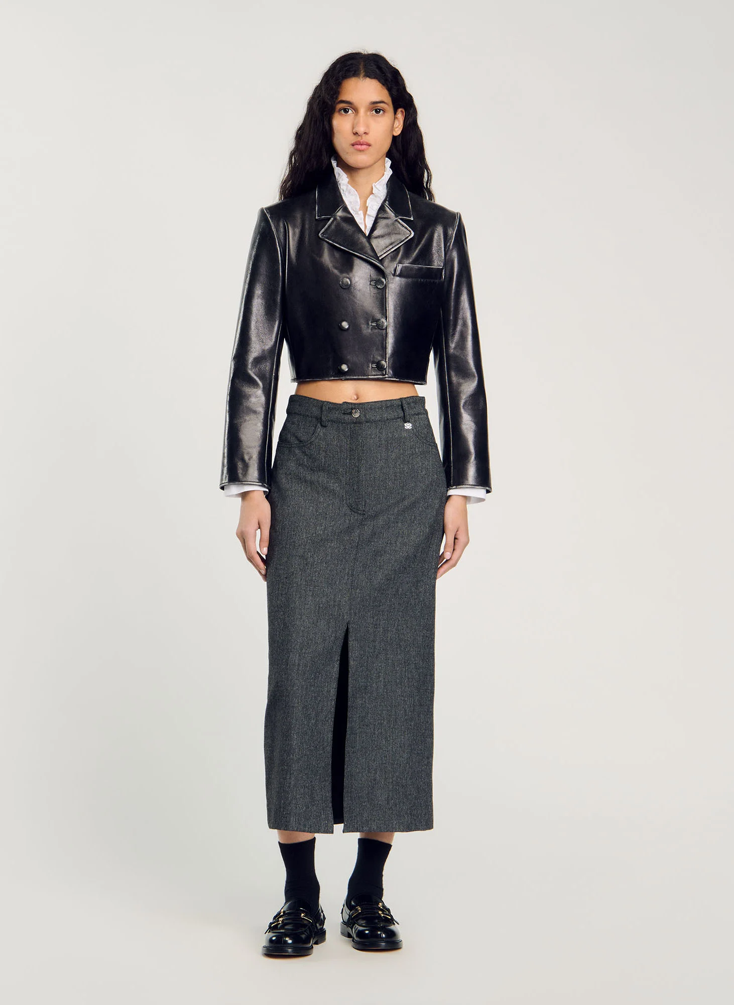 Veste en cuir courte col tailleur | Noir