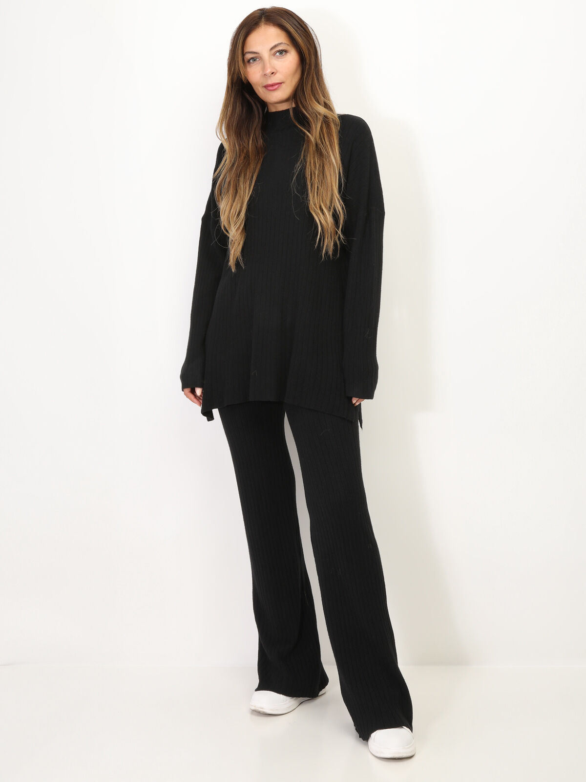 Ensemble pantalon large et pull fendu en maille- Noir