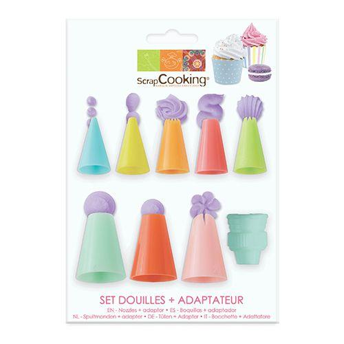 Set de 8 douilles pâtissières en plastique + adaptateur Scrapcooking