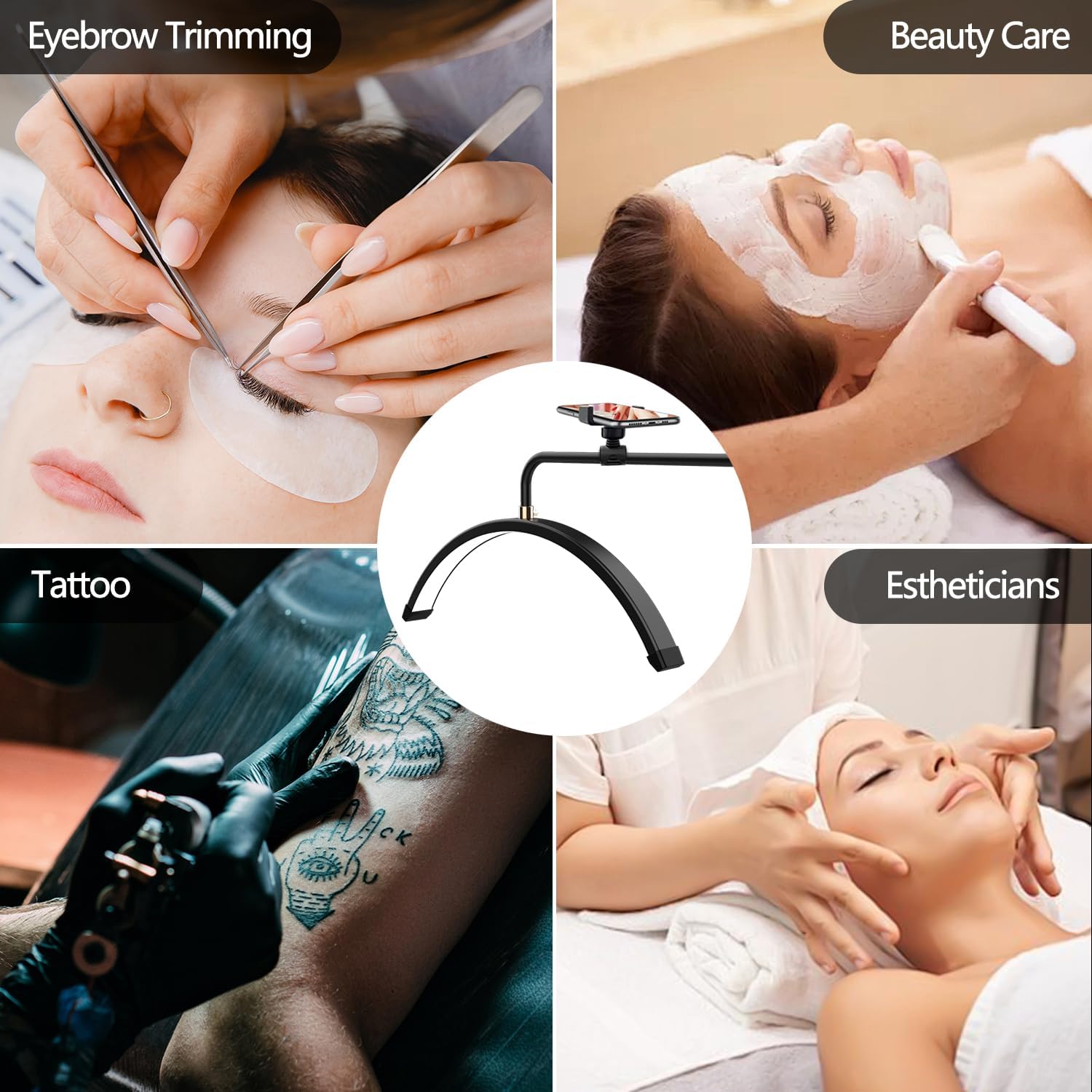Halbmond-Stehlampe für Wimpern, Wimpern Lampe für Wimpernverlängerungen mit Telefonhalter, Tätowierer, Nageltechniker – kühle, LED Beauty-Ringlicht Warme Lampe mit Einstellbarer Helligkeit und Höhe