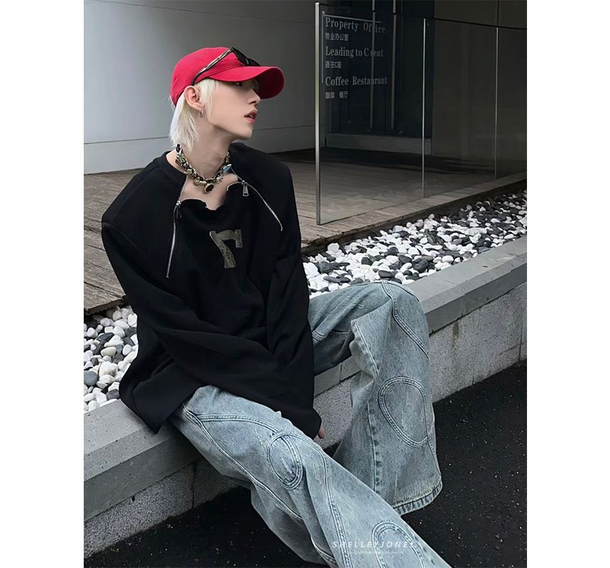 ROOSE - Sweatshirt met ronde hals, print, accent, trekkoord en zoom, oversized