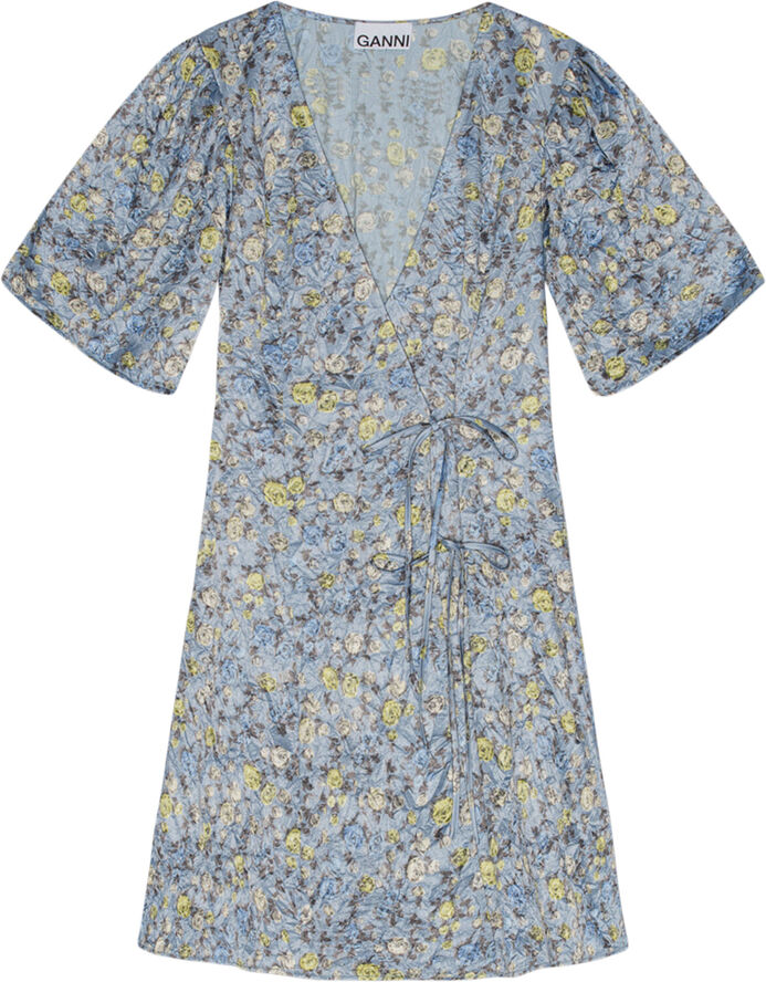 Ganni Crinkled Satin Mini Wrap Dress Dusty blue