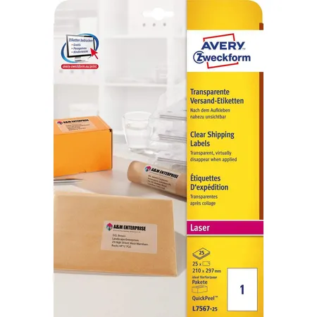 Avery Zweckform L7567-25 Versandetiketten,A4 210 x 297 mm, 25 Bogen/25 Etiketten, transparent