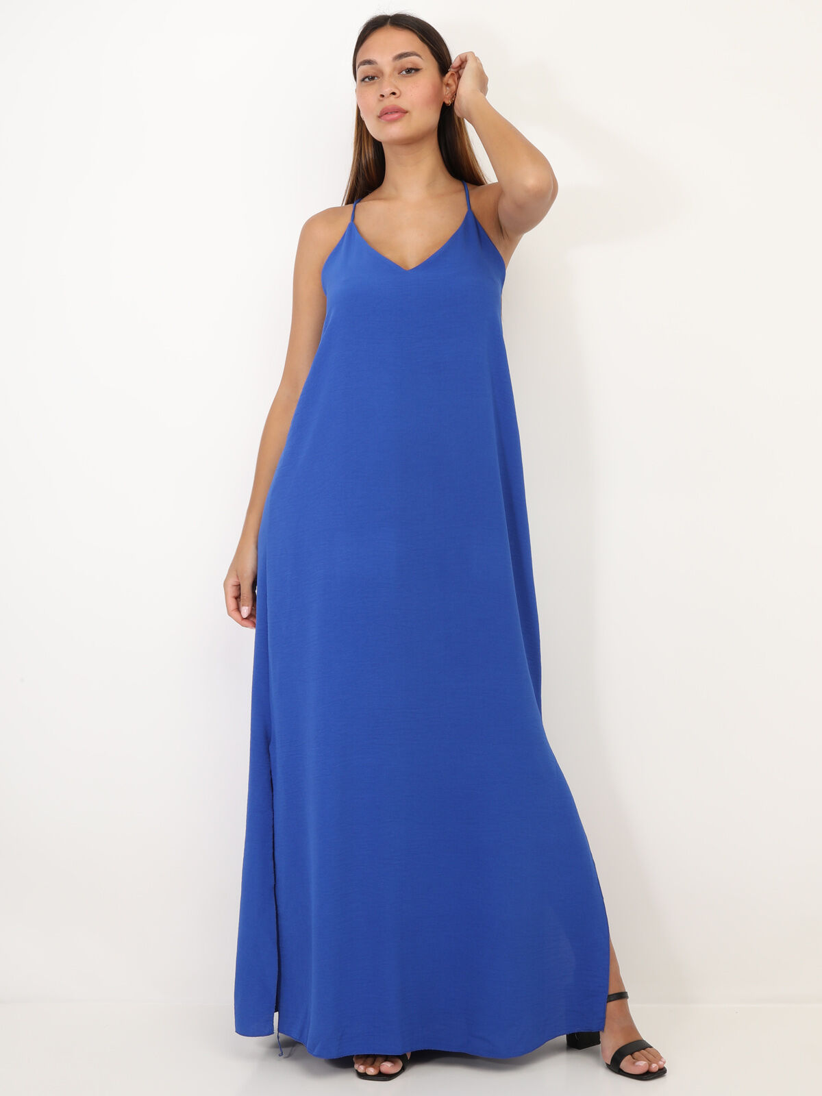 Robe longue fendue à dos croisé- Bleu