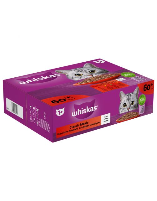 Whiskas 1+ Classic  Selectie In Gelei Maaltijdzakjes Multipack - Kattenvoer - Rund Kip Lam 60x85 g