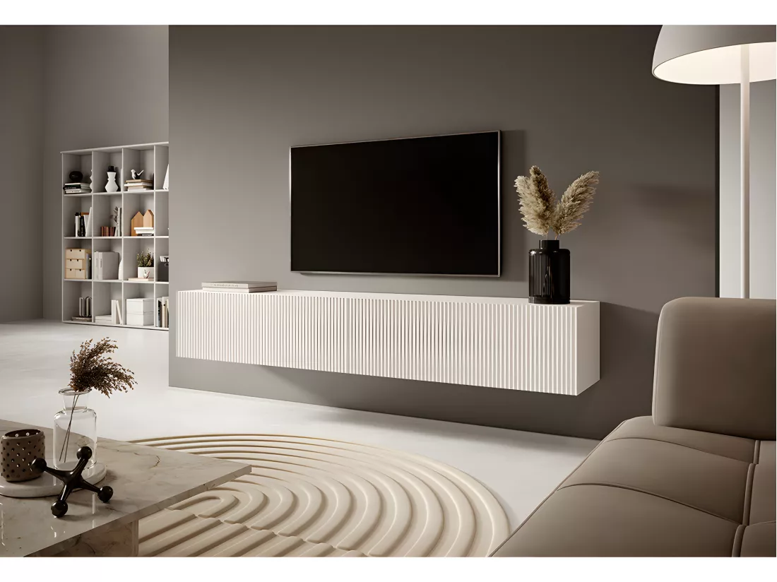 Meuble TV 175 cm blanc avec façade fraisée - VELDIO
