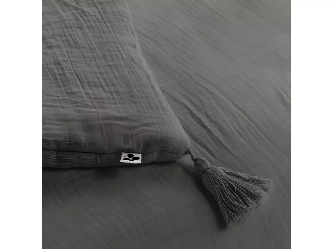 Édredon 150 x 150 cm en gaze de coton gris avec 4 pompons - PEPA