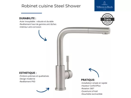 Robinet cuisine VILLEROY ET BOCH Steel Shower acier massif