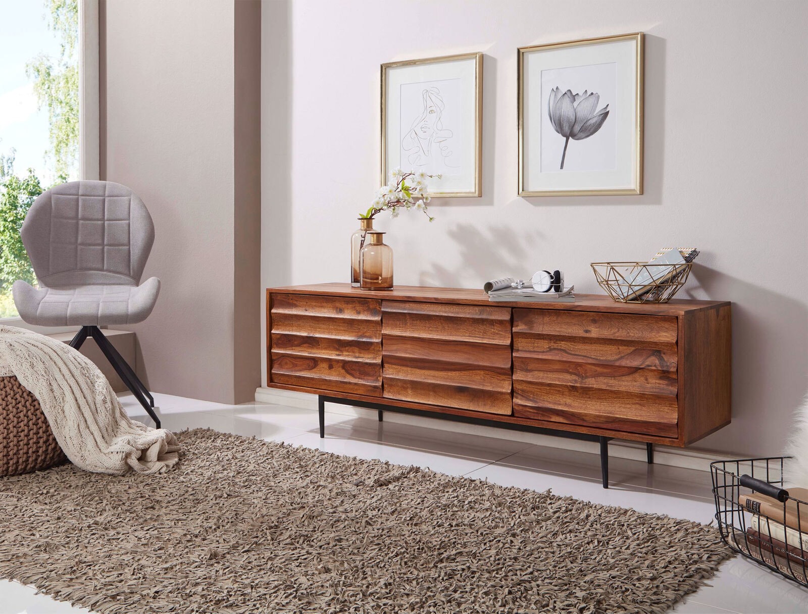 Lowboard Lucea Massivholz Sheesham braun