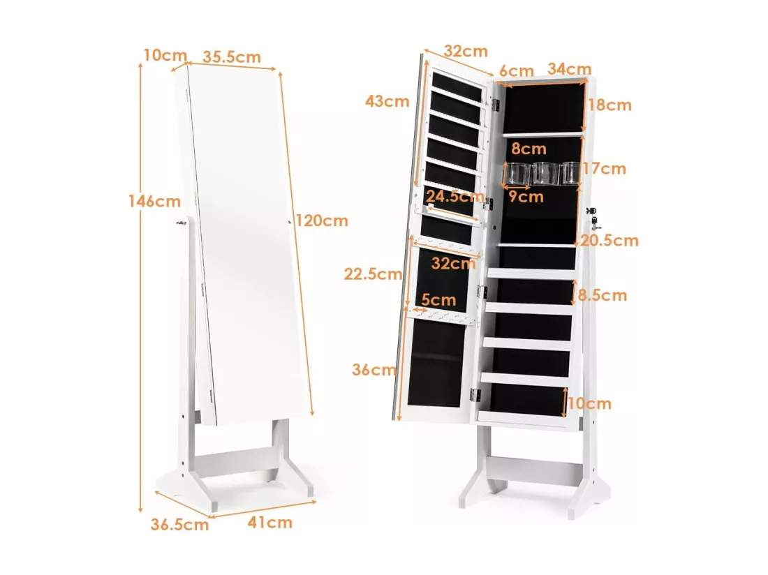 Armoire à bijoux sur pied,doublure et divers espaces de rangement, 41x36,5x146cm blanc