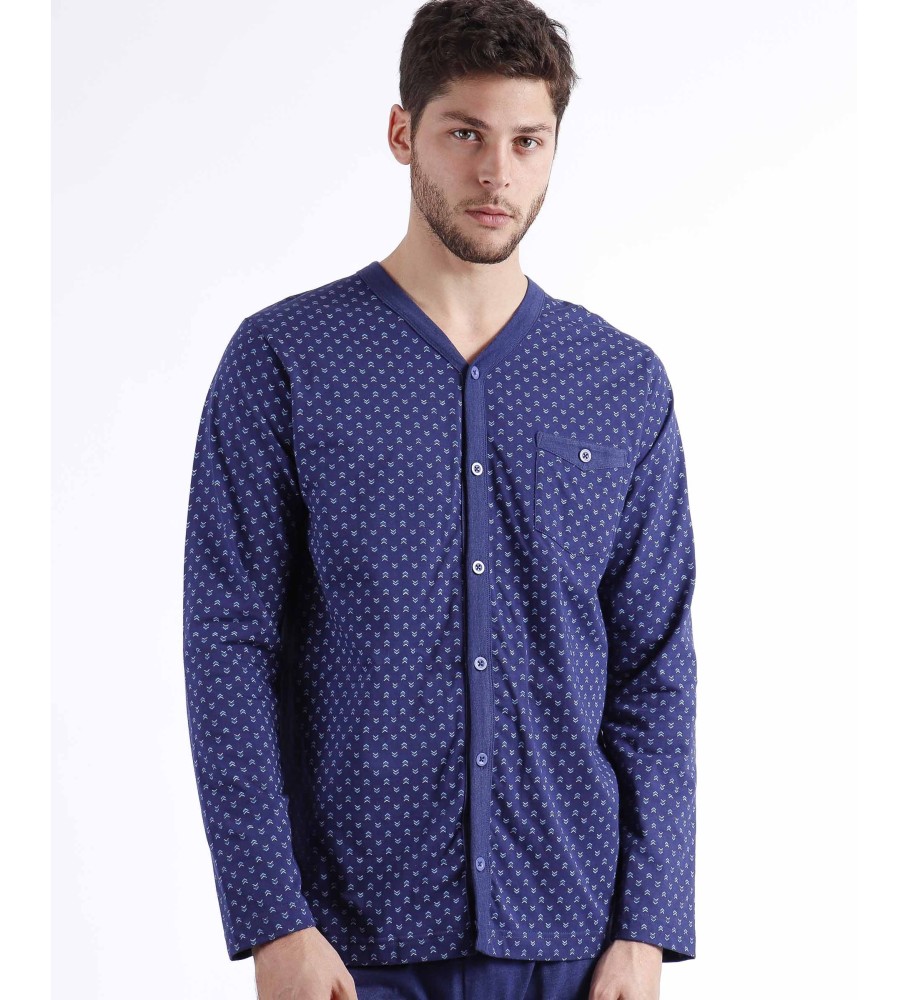 Pijama azul Admas de manga comprida e estampa de espinhos.
