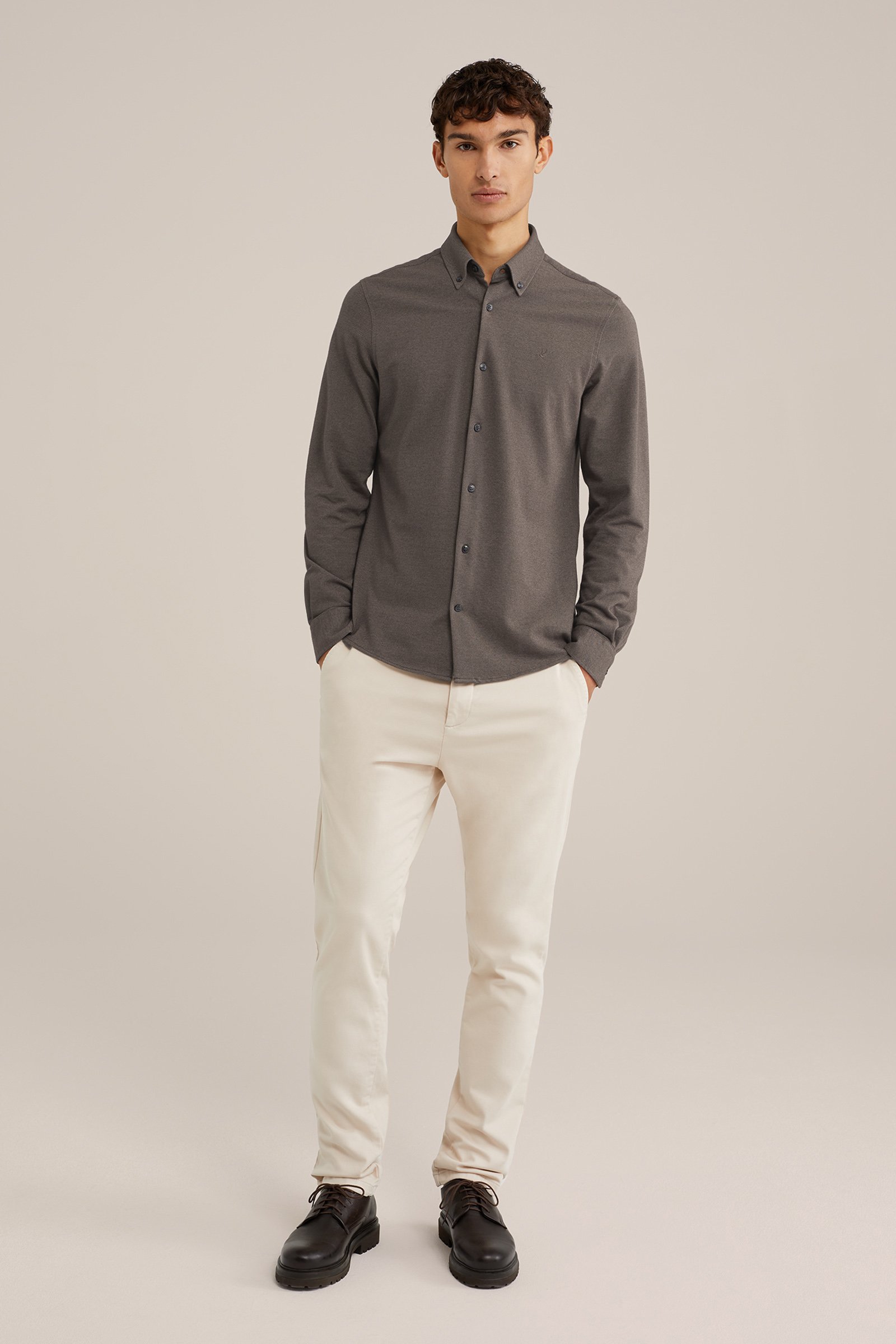 piquéjersey overhemd met stretch Fundamentals Kaneelbruin