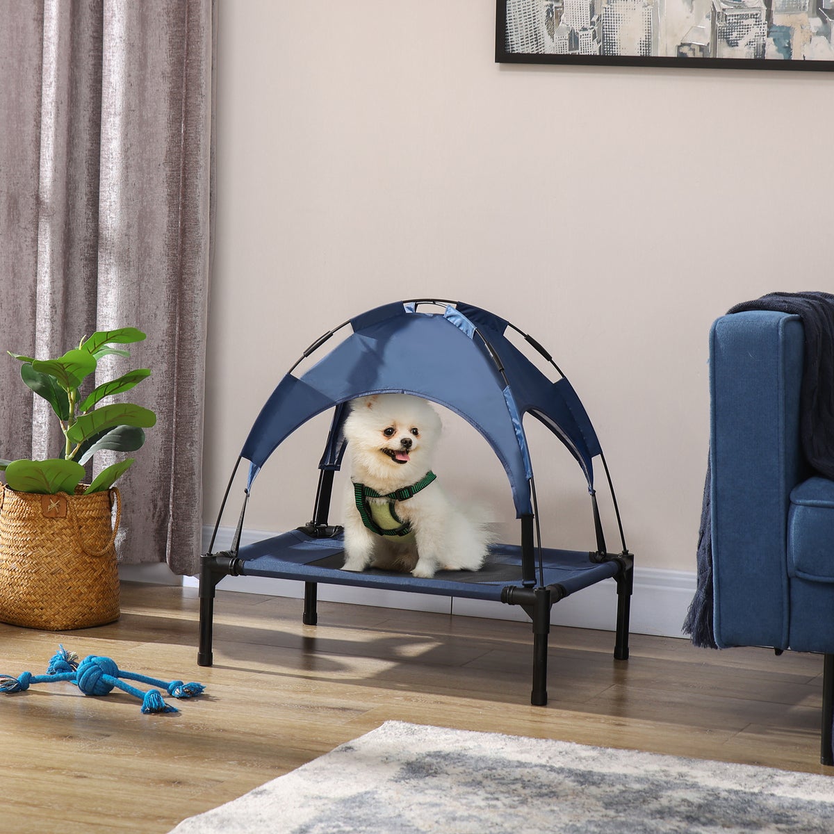 PawHut hondenbed, L61 x B46 x H62 cm, staal, Oxford doek, donkerblauw+zwart