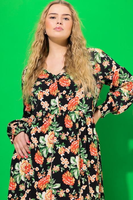 Kleid, A-Line, Flower Print, Langarm