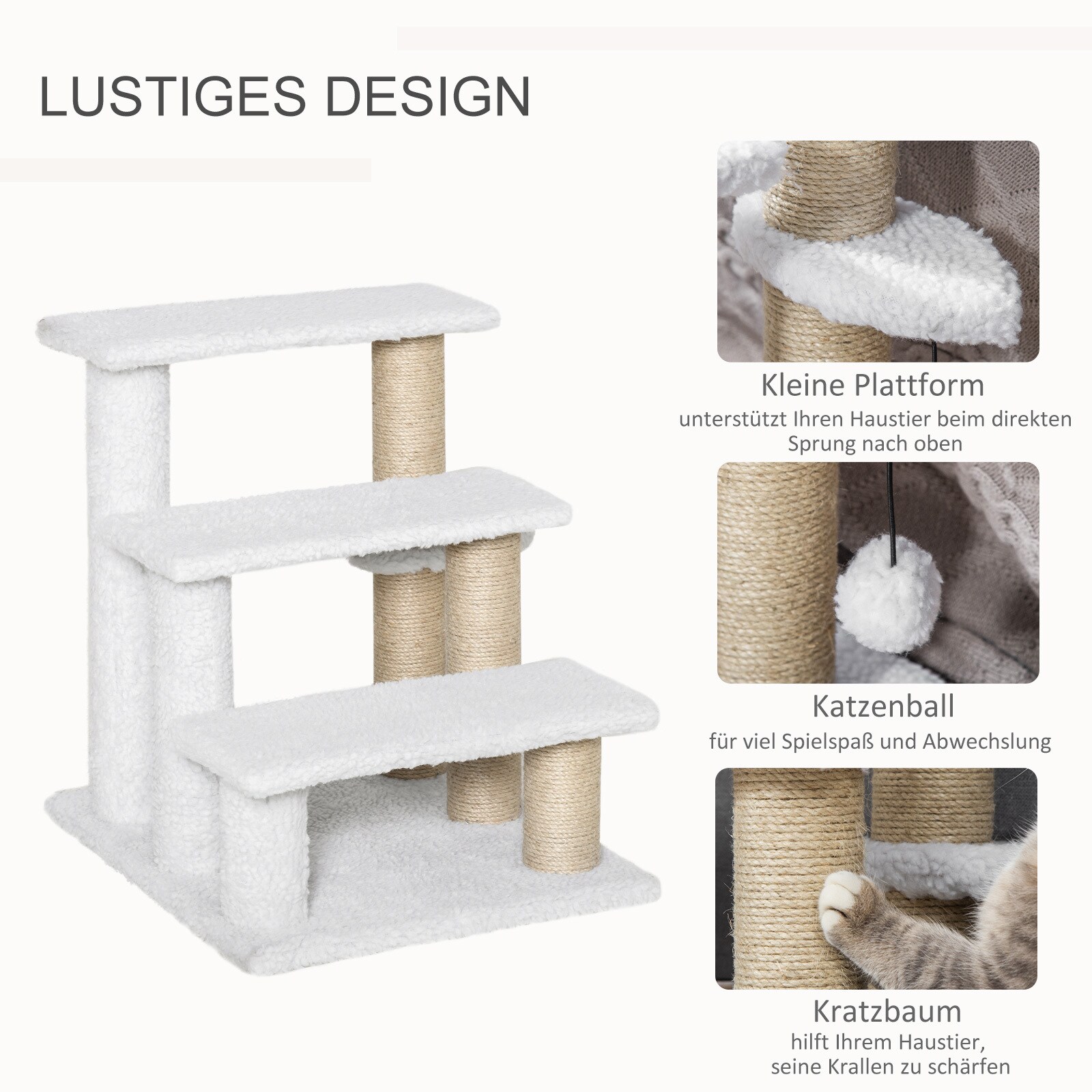 PawHut Haustiertreppe mit Ball weiß 45L x 40B x 48H cm