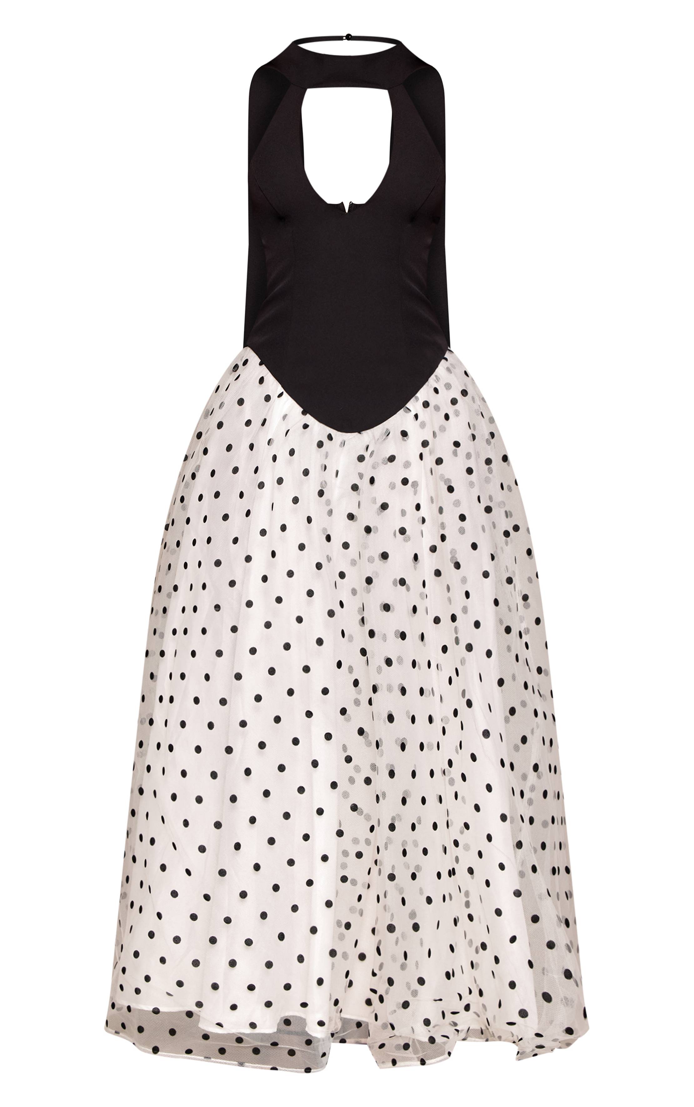 Noir Robe Longue Petite À Pois Avec Encolure Dos-nu, Taille Basse Et Jupe En Tulle