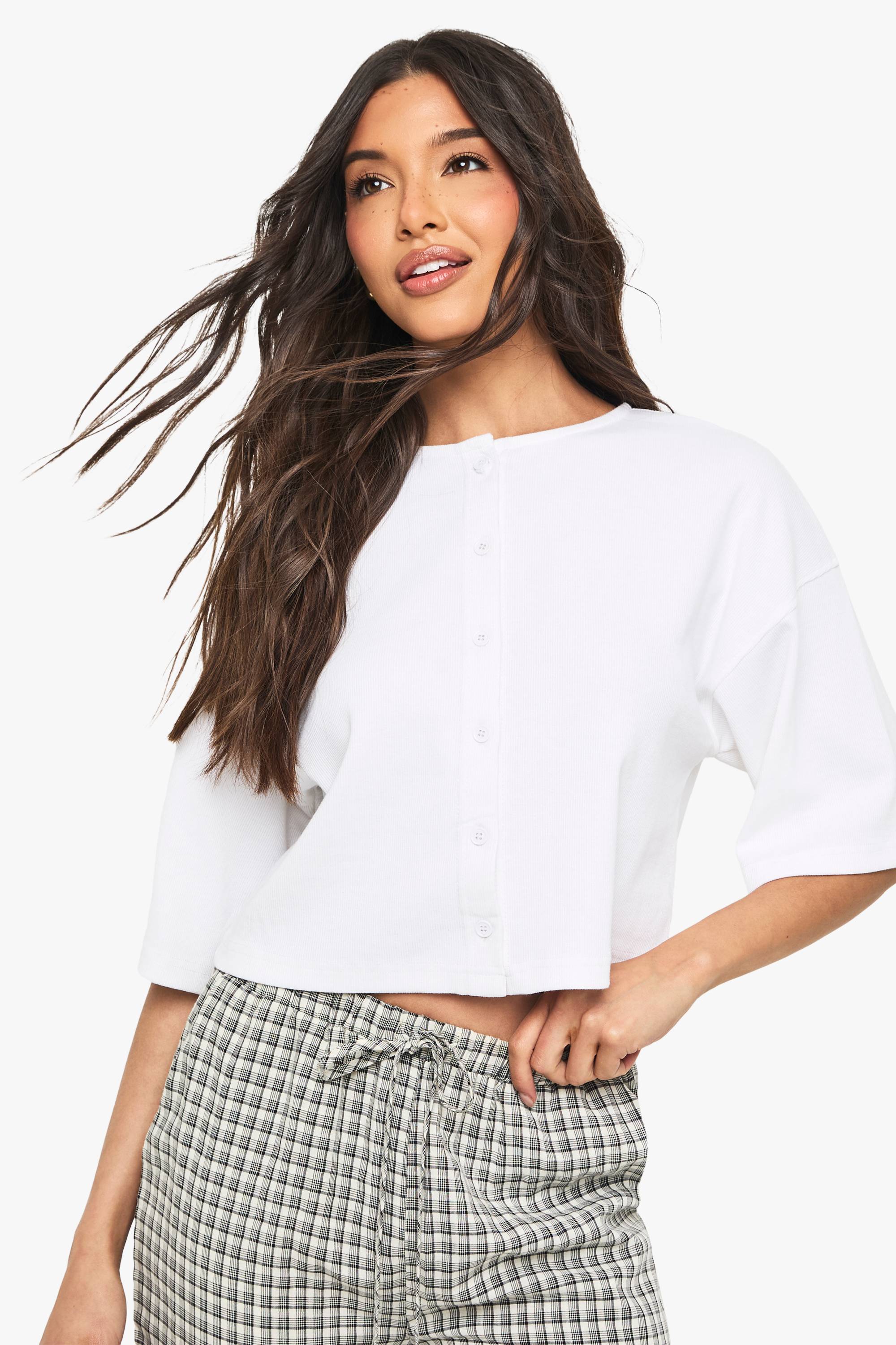 boohoo Haut Côtelé Ample À Manches 3/4 Avec Boutonnage