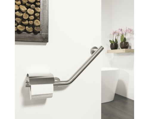 TIGER Boston Comfort & Safety handgreep met toiletrolhouder, links, geborsteld roestvrij staal
