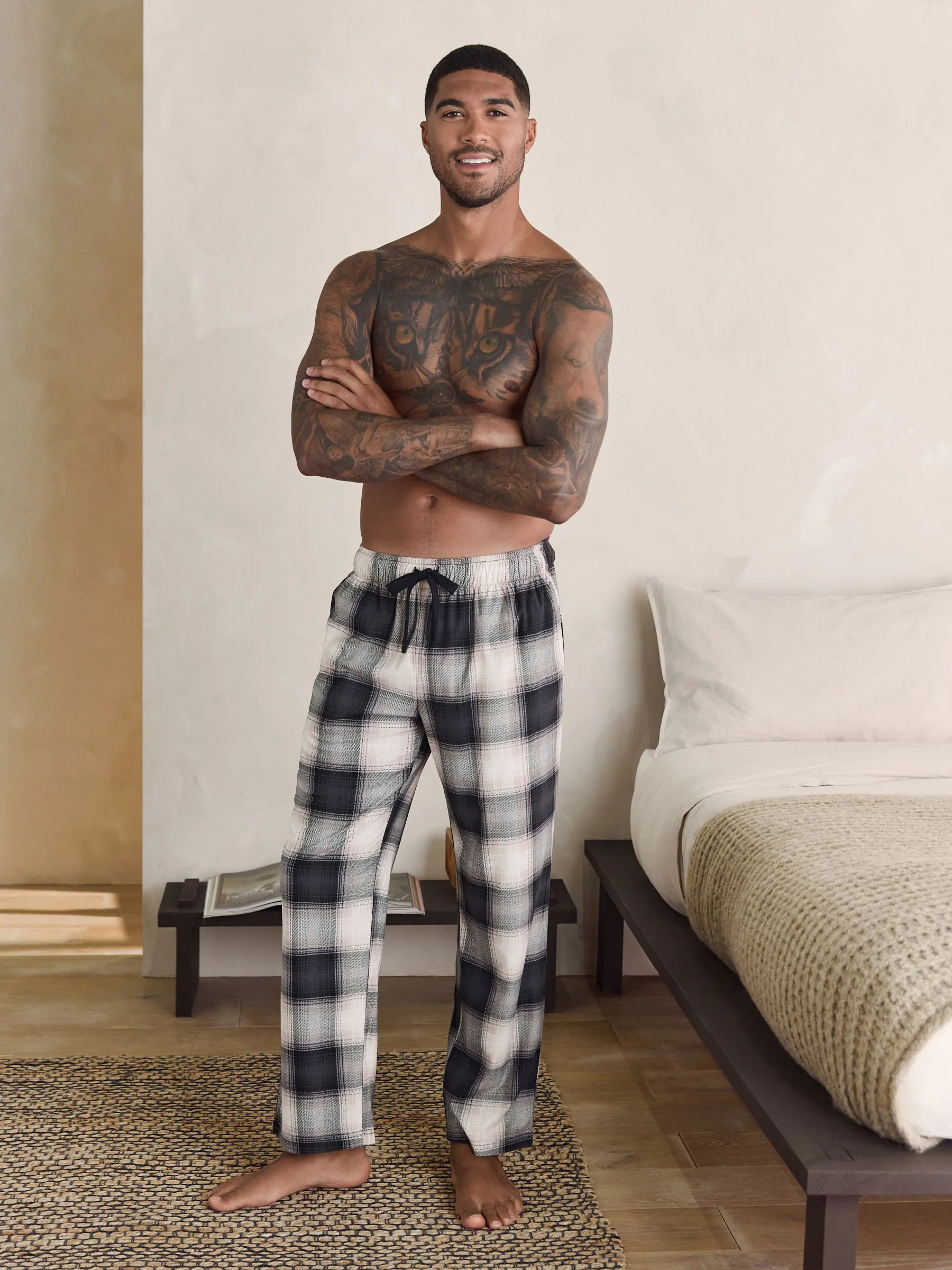 Naturel/zwart geruit - Motionflex behaaglijke pyjamabroek met open zoom, set van 2