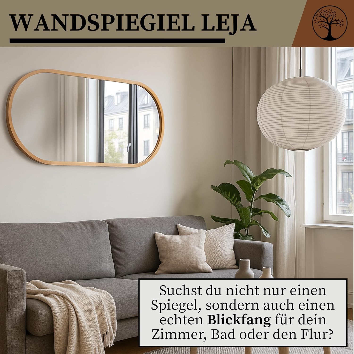 Wandspiegel mit Holzrahmen (120x48 cm) - Oval Spiegel mit Holz Eiche - Ovaler Bad Spiegel für Badezimmer, Flur, Wohnzimmer, Schlafzimmer - Stilvoller Eichenholz Badespiegel LEJA