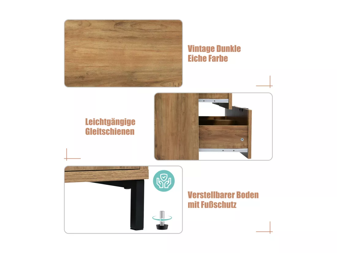 Commode, buffet avec 6 tiroirs, 120 x 40 x 76 cm, Panneaux de particules + métal, Chêne foncé