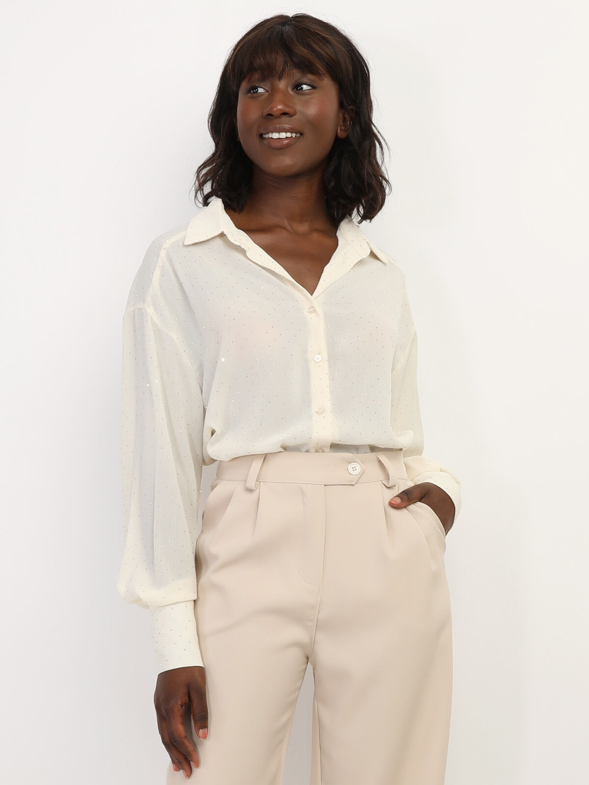 Chemise fluide à strass- Crème