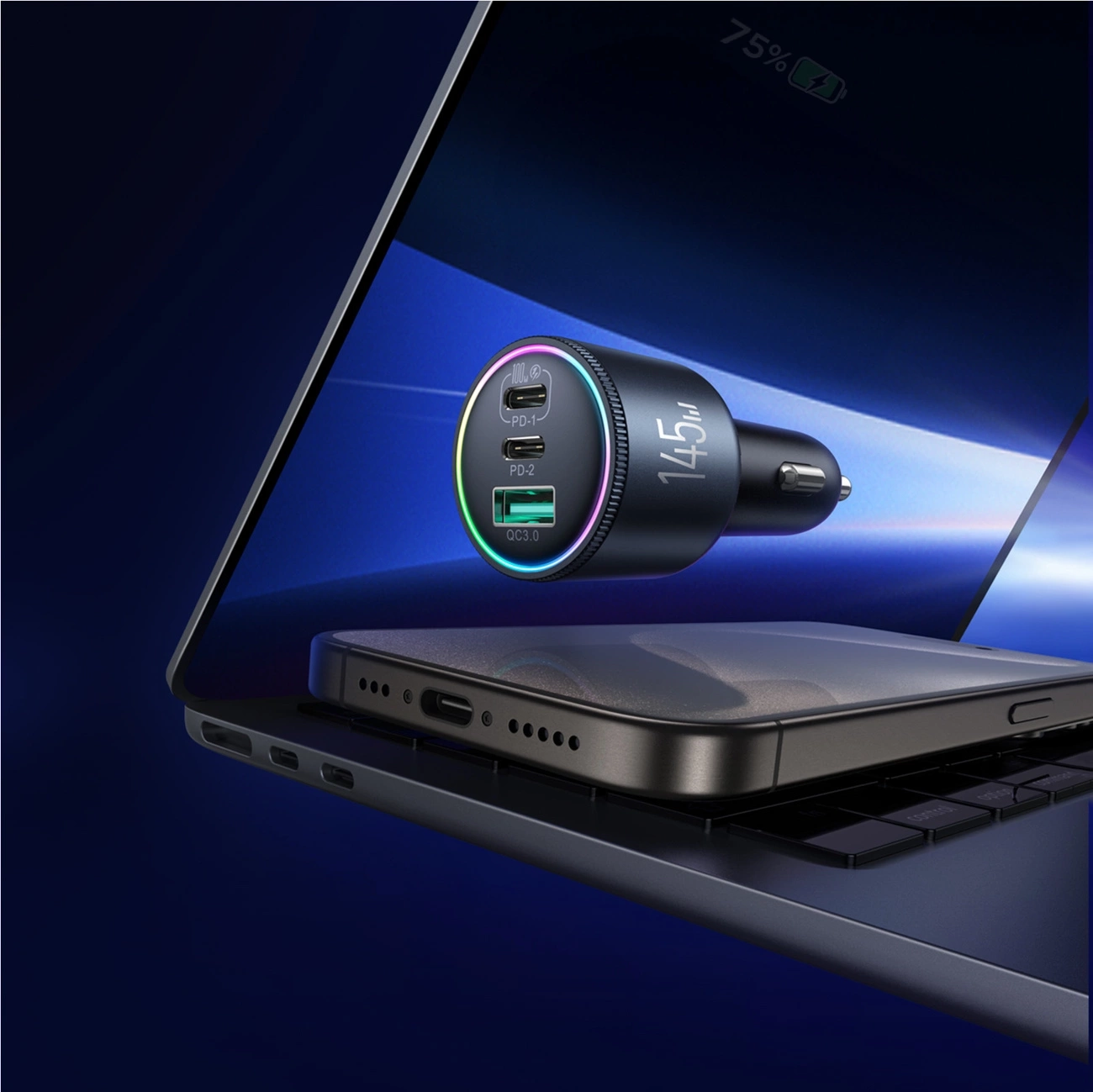 (145W) Dual USB C / USB A Auto KFZ Ladegerät Netzteil PD 3.0 / QC 3.0 mit LED Beleuchtung   USB C Ladekabel (JR-CCN07) - Schwarz