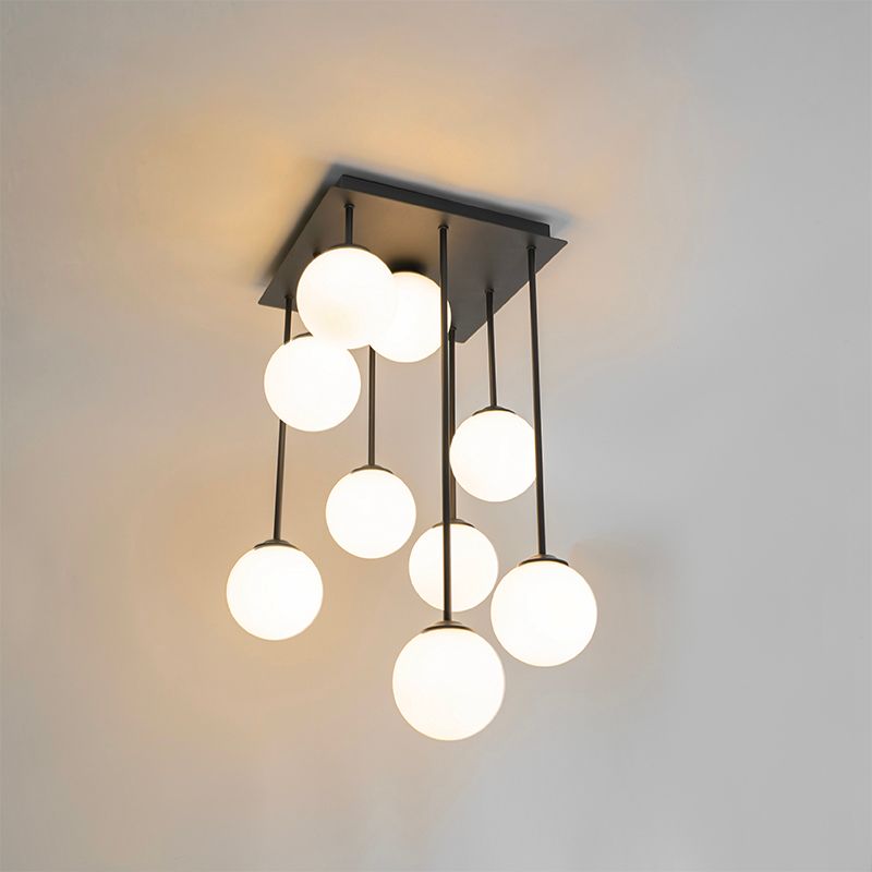Moderne plafondlamp zwart met opaal glas 9-lichts  - Athens