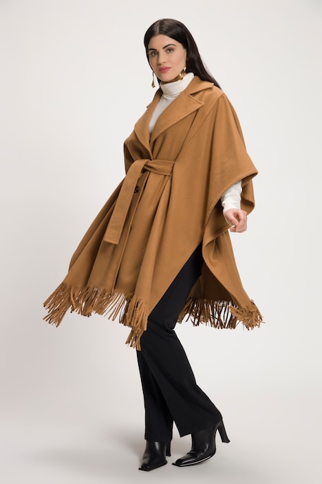 Poncho-Mantel, Fransen, Reverskragen, Bindegürtel