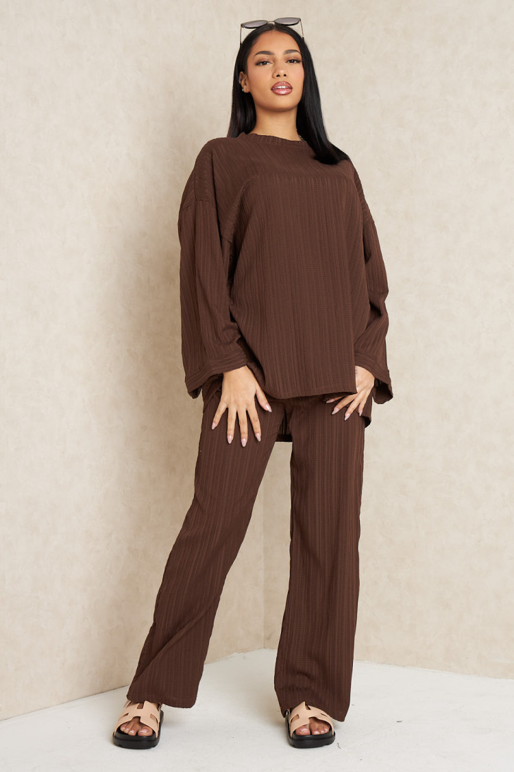 Ensemble 2 pièces pull fin + pantalon à rayures marron