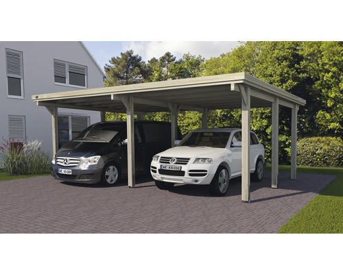 Dubbele carport weka 618 maat 1 trapeziumdak 576 x 398 cm drukgeïmpregneerd