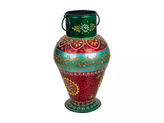 Vase en métal peint artisanalement vert/rouge 16x16x30h