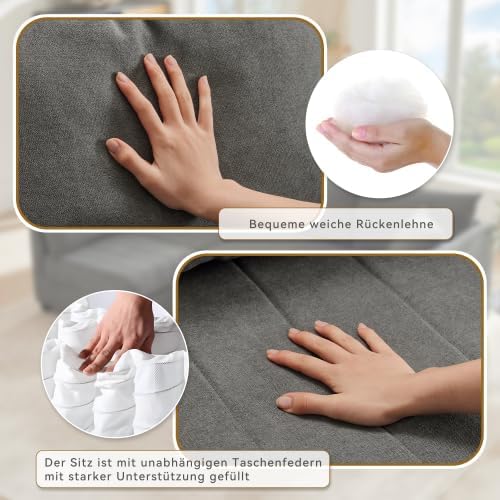 Modulares Ecksofa 5-Sitzer mit Hocker – verstellbar L- & U-Form, große Wohnlandschaft, Federkern Sofa, Baumwolle-Leinen Bezug, Grau
