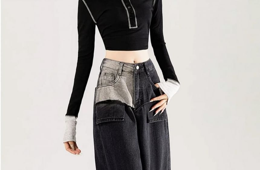 Vhancy - High Waist Washed Patchwork Cargo Jeans met Wijde Pijpen