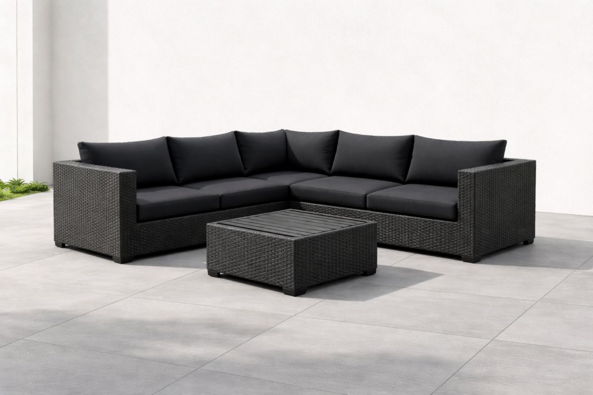 Ecksofa-Set Rattan Schwarz mit Tisch