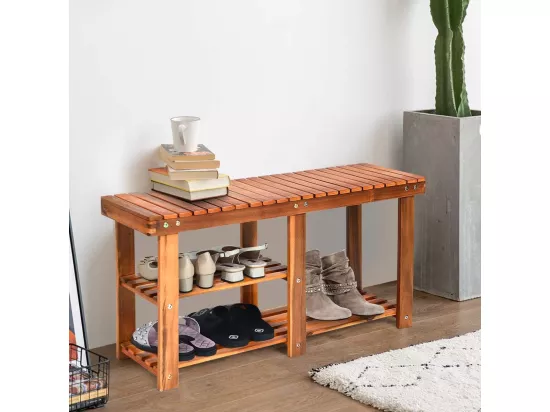 Banc à Chaussures en Bois d'Acacia, Étagère de Rangement à 3 Niveaux, Charge 160 kg, pour l’Entrée, Salon, Salle de Bain, Couloir, Jardin 28 x 87 x 45 cm, Roux