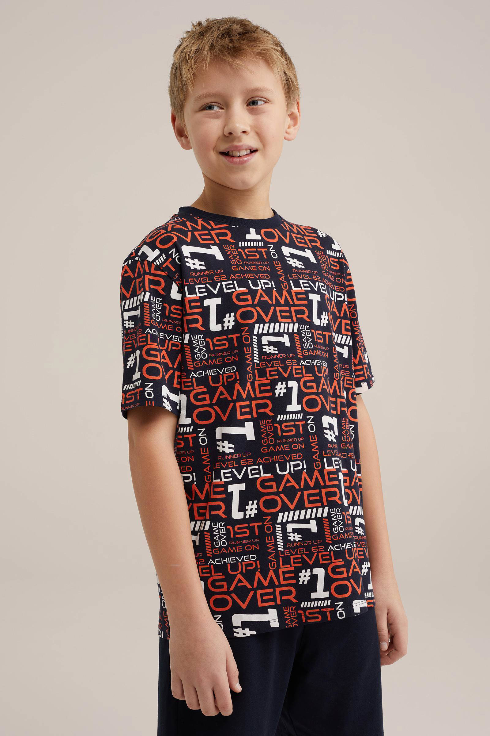 WE Fashion shortama met all over print donkerblauw/oranje