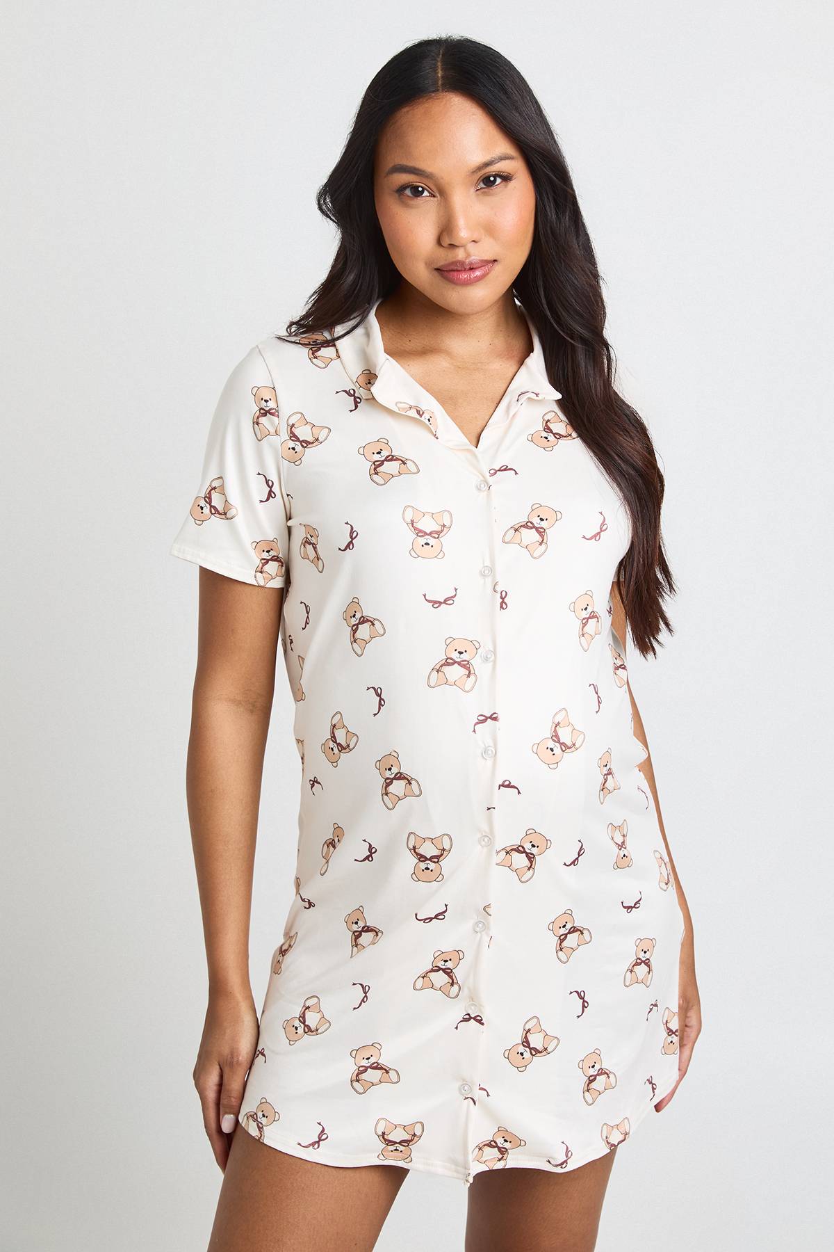 boohoo Chemise De Nuit De Maternité À Col Avec Imprimé Ours Et Nœuds Boutonnée Sur Le Devant