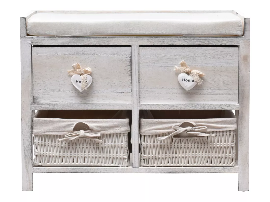 Banc Banquette Assise 2 Tiroirs Bois Blanc Shabby 46x60x30